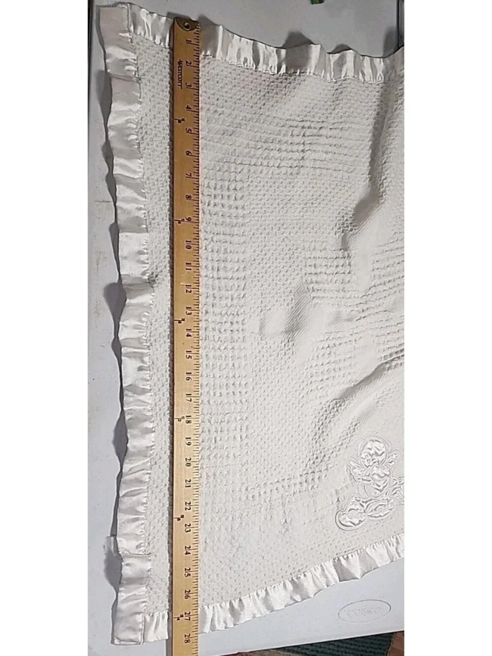 VTG Bless This‎ Child Angel Bear Baby Blanket White Woven Silky Edge Satin Trim